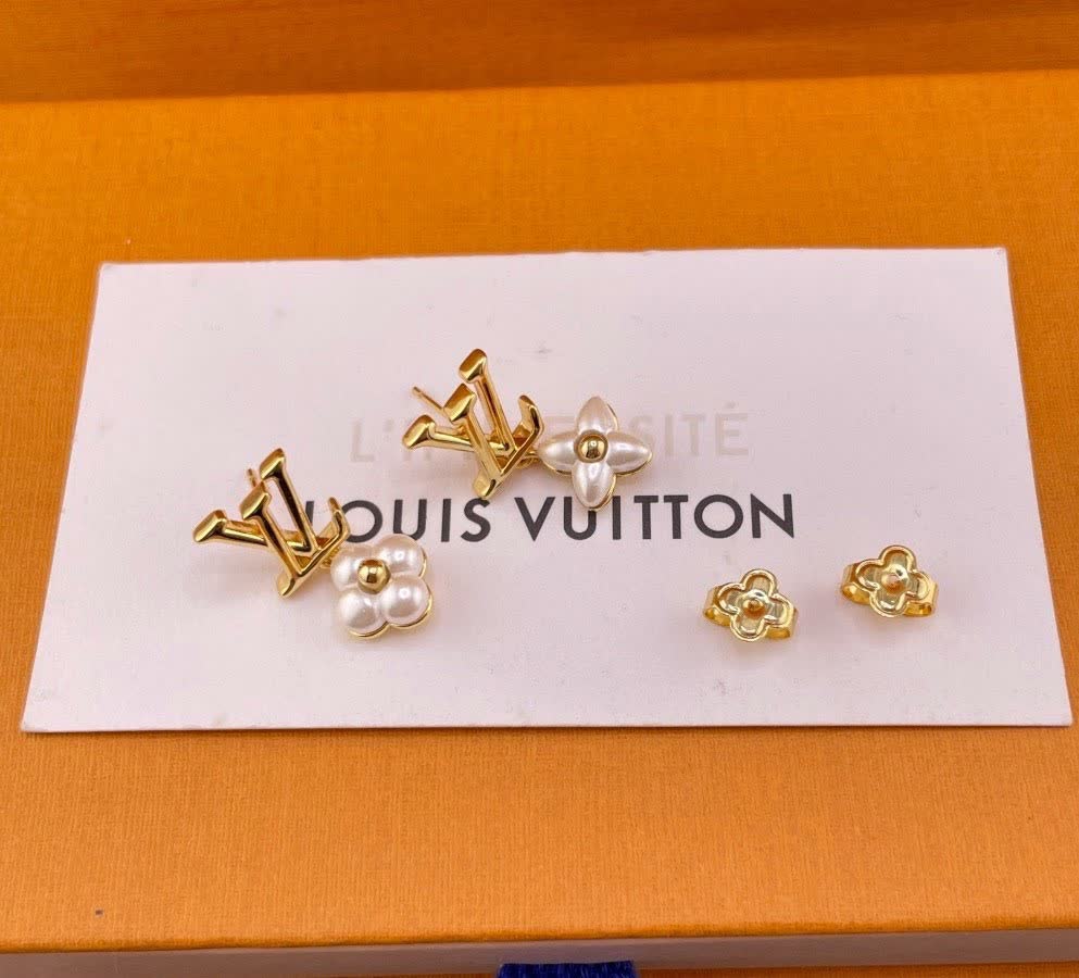 Louis Vuitton Gold Monogram Earrings with Pearl Flower
